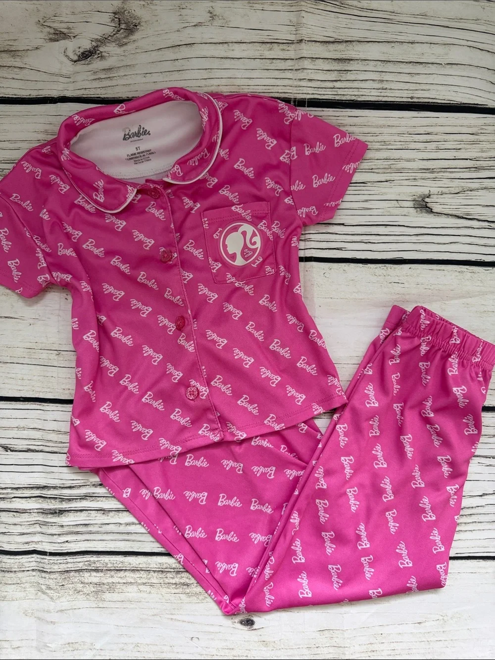 ♡ Girl’s Barbie Hot Pink Silk Short Sleeve Pajama Set with Logo 5T
